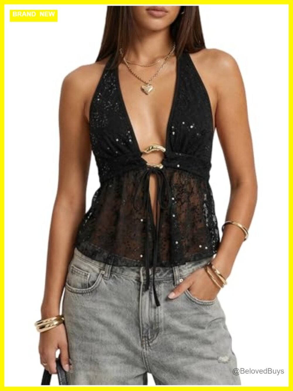 Lace Halter Top Y2K V-Neck Backless Sleeveless Fitted Party Tank Top
